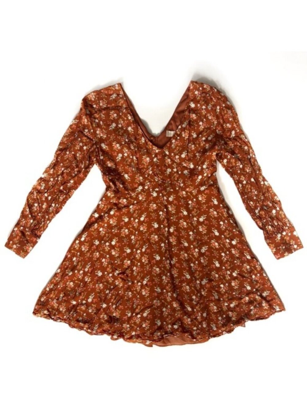 Altar'd State Brown Floral Print Long Sleeve V Neck Dress - M